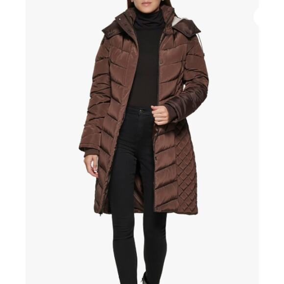 Kenneth Cole Plus Medium Faux-Fur-Trim Hooded Puffer Coat Jacket full Zip NEW - Picture 1 of 6